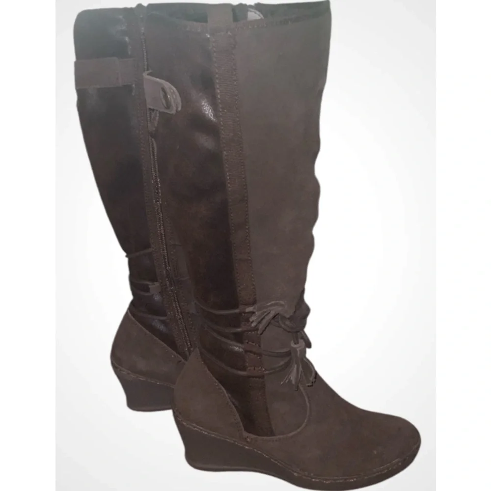 BareTraps Brown Over the Knee Brown Suede Fur Lined Wedge Boots Side Zipper 6M